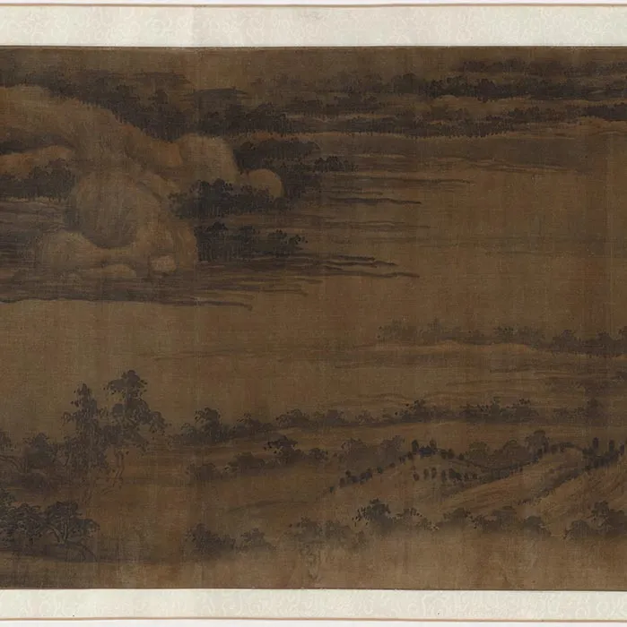 传董源山水画《溪谷村居图》卷_05