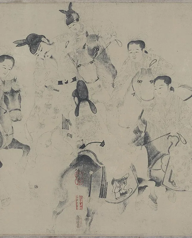 白描人物明皇击球图卷_12