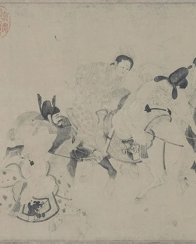 白描人物明皇击球图卷_11
