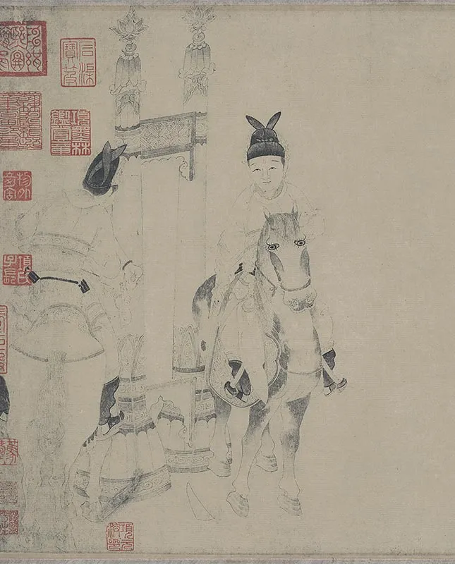 白描人物明皇击球图卷_08