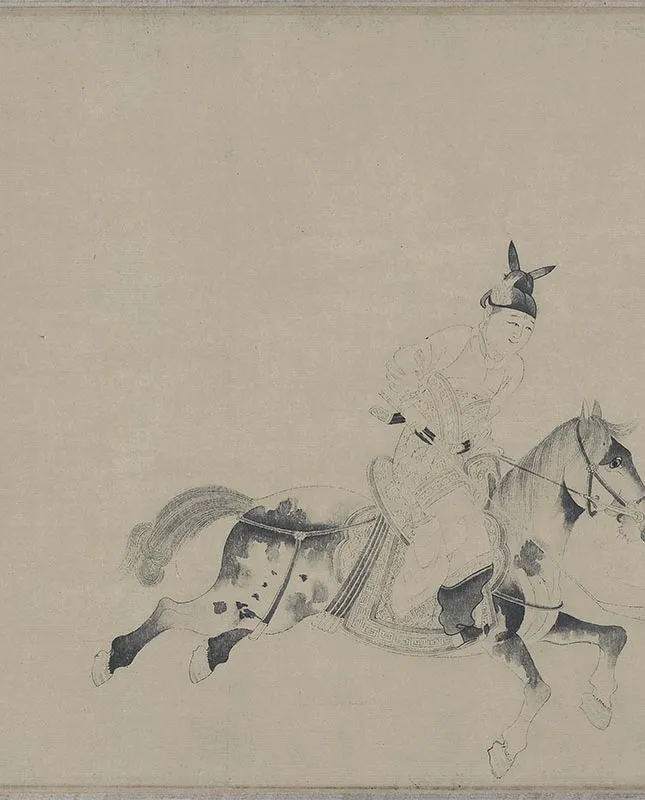 白描人物明皇击球图卷_09