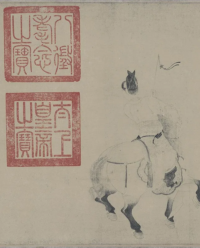 白描人物明皇击球图卷_14
