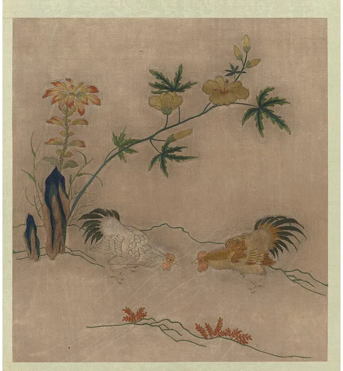 宋绣黄筌画花鸟册《秋葵双鸡》