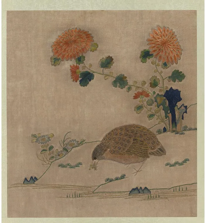宋绣黄筌画花鸟册《菊花鹌鹑》