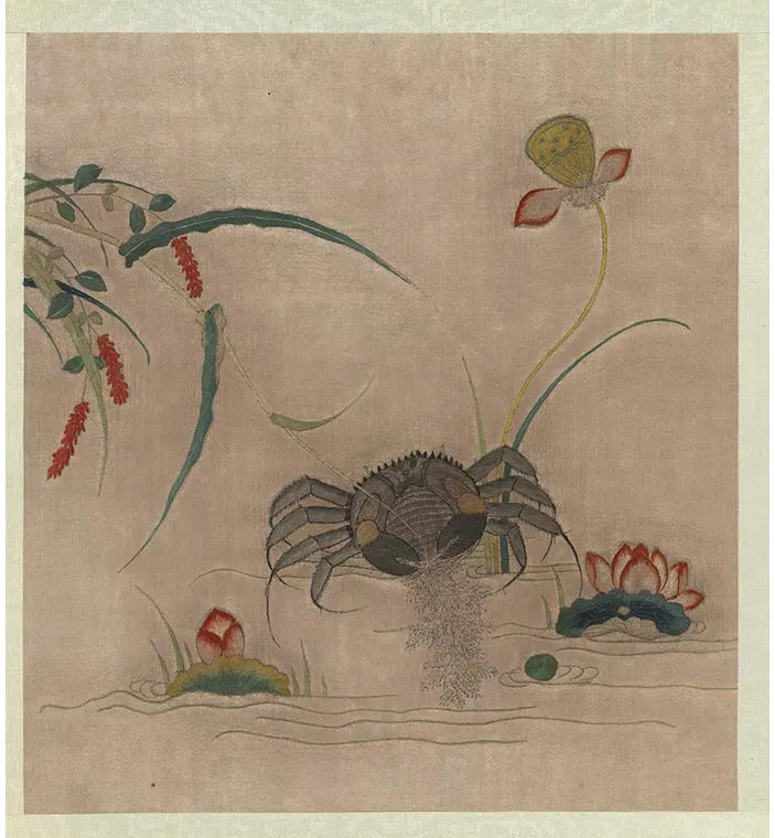 宋绣黄筌画花鸟册《莲蟹红流草》