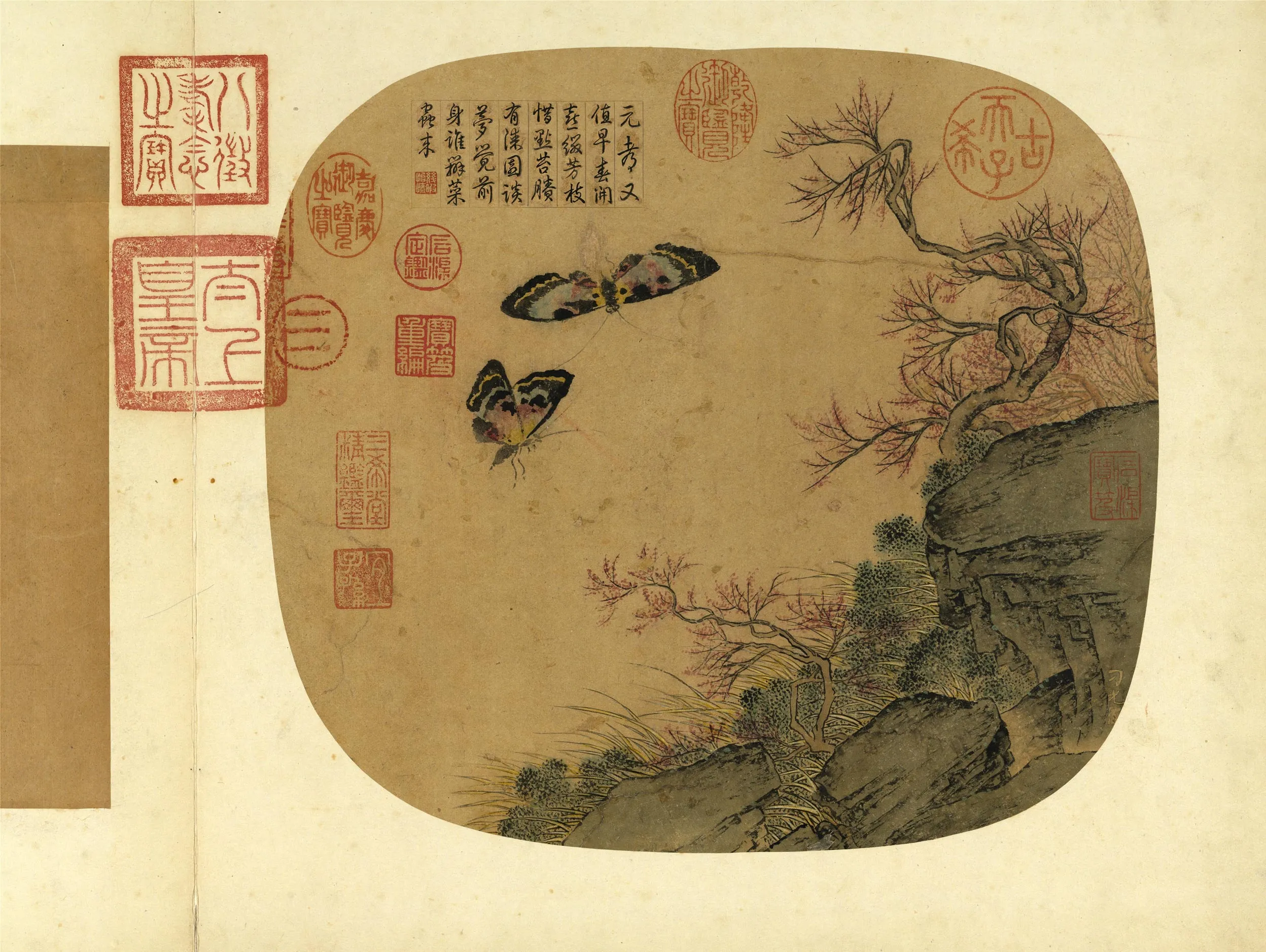 传刁光胤《桃花双蝶磐石带草》本幅