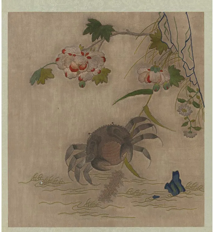 宋绣黄筌画花鸟册《芙蓉螃蟹》