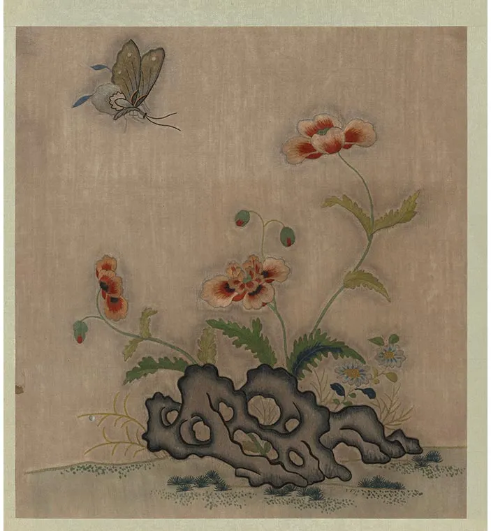 宋绣黄筌画花鸟册《罂粟蝴蝶》