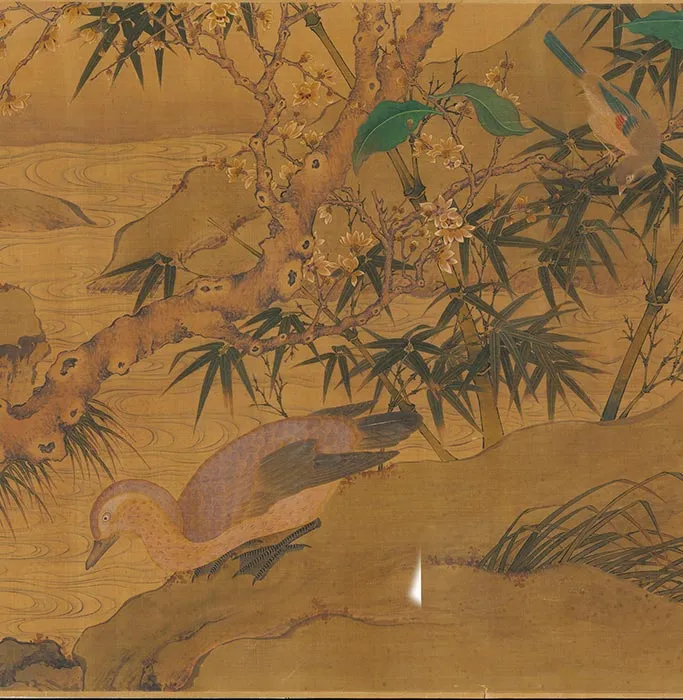 传黄筌山水花鸟《茶梅㶉鶒图》卷_07