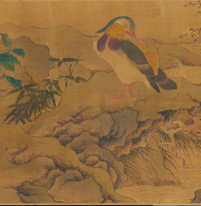 传黄筌山水花鸟《茶梅㶉鶒图》卷_06