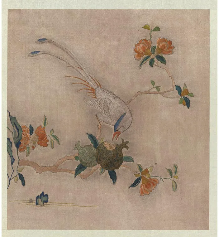 宋绣黄筌画花鸟册《绶带石榴》