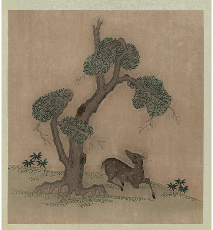 宋绣黄筌画花鸟册《槐树卧鹿》