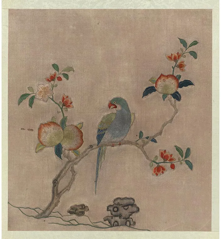 宋绣黄筌画花鸟册《桃树鹦鹉》
