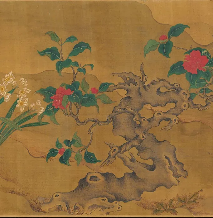 传黄筌山水花鸟《茶梅㶉鶒图》卷_05