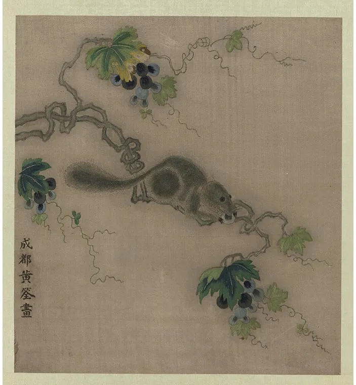 宋绣黄筌画花鸟册《松鼠葡萄》