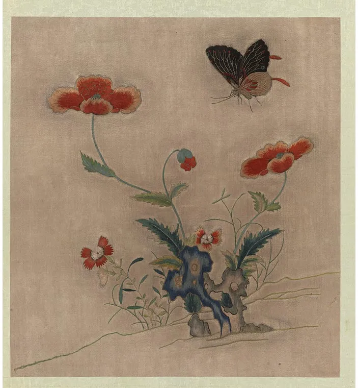 宋绣黄筌画花鸟册《罂粟蝴蝶》