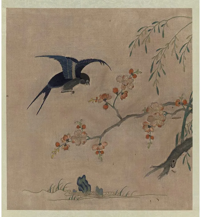 宋绣黄筌画花鸟册《桃花春燕》