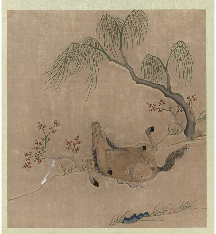 宋绣黄筌画花鸟册《柳马》