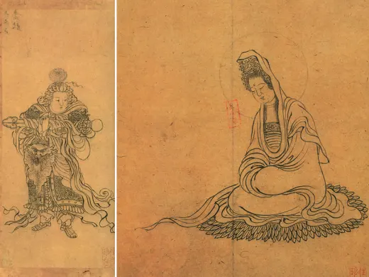 清人白描人物画《观音像与韦陀像》 - 国画作品高清大图下载- 集古作网