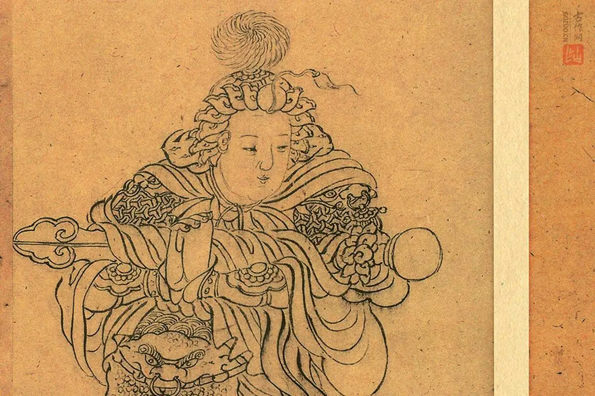 清人白描人物画《观音像与韦陀像》 - 国画作品高清大图下载- 集古作网