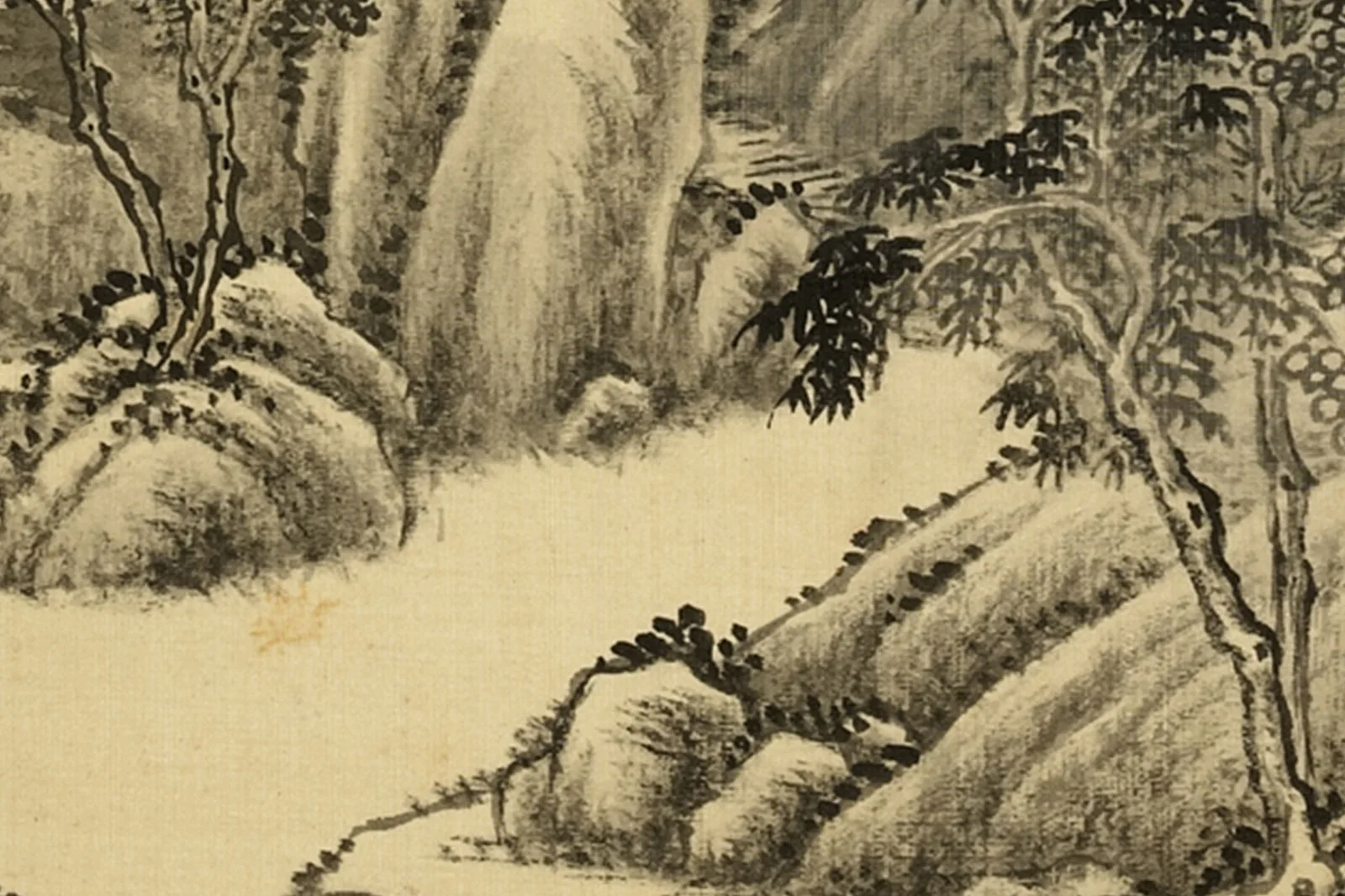 山水画 清·周鲲《仿董源匡庐瀑布》水墨山水画页- 国画高清图片下载- 集