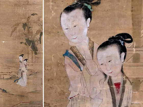 中国古美術・仕女図三尺画芯・純手描き・工筆・彩色画・仇英印款