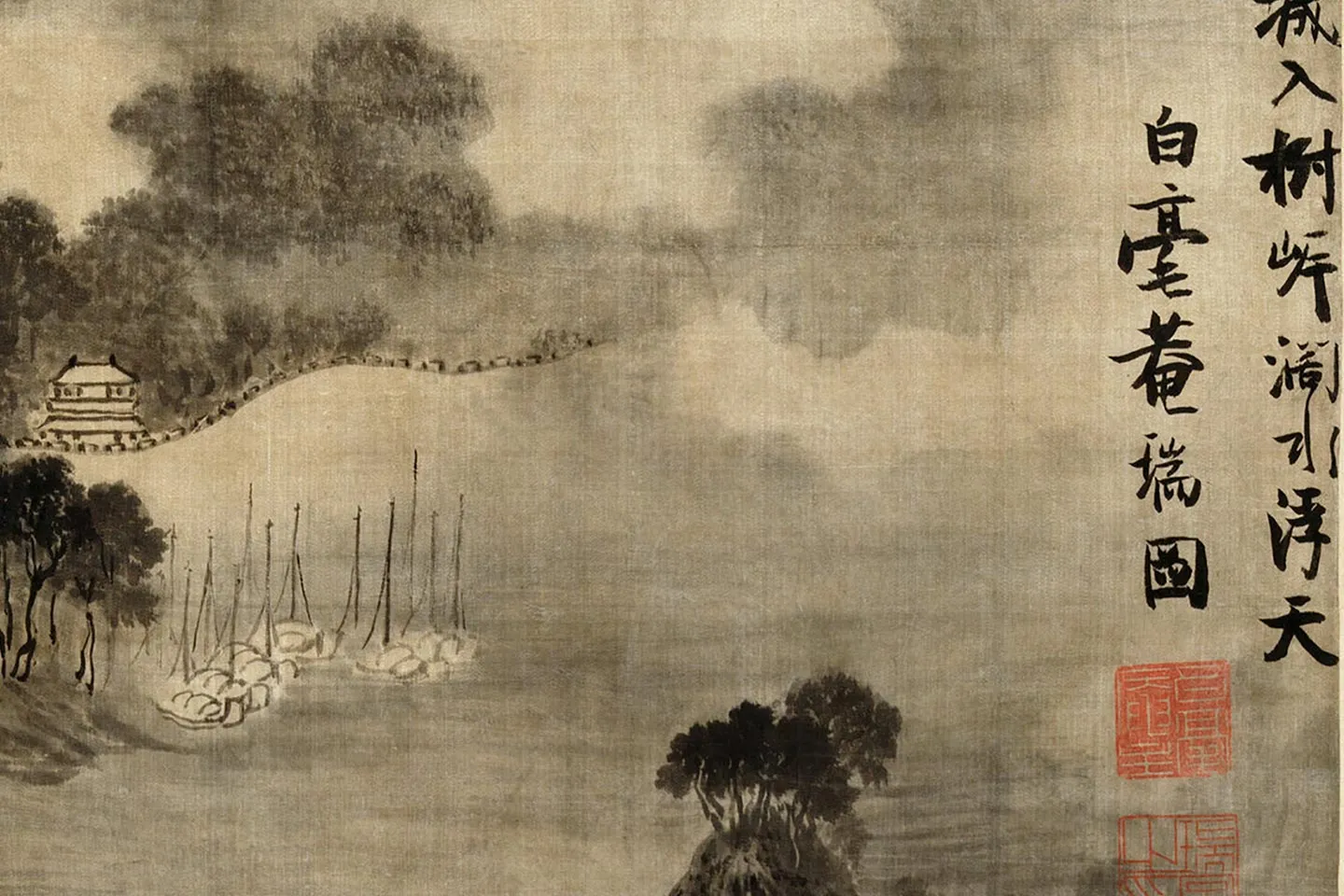 ②④ 中国？山水風景水墨画掛軸　署名捺印有り　作者不明　江戸時代？ A122 「百雷」 水墨 山水 掛軸 中国古美術 在銘 印章あり 共箱 画芯