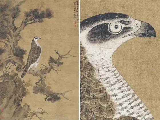 中国美術 掛軸 元-明代 張舜咨「柏鷹図」工芸複製品 タトー箱付 中国美術 掛軸 元-明代 張舜咨「柏鷹図」工芸複製品 タトー箱