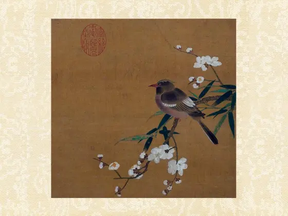 黄筌工笔花鸟画《碧桃翠鸟》页- 国画高清图片下载- 集古作网