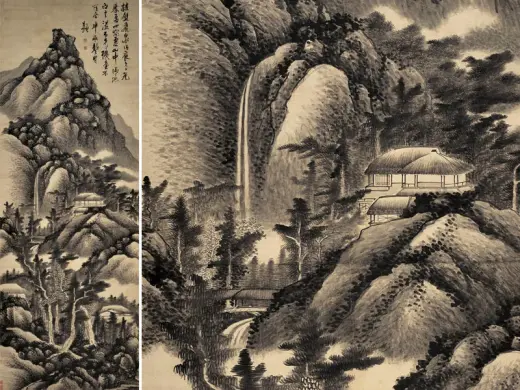 龚贤山水画《挂壁飞泉图》轴- 国画高清图片下载- 集古作网