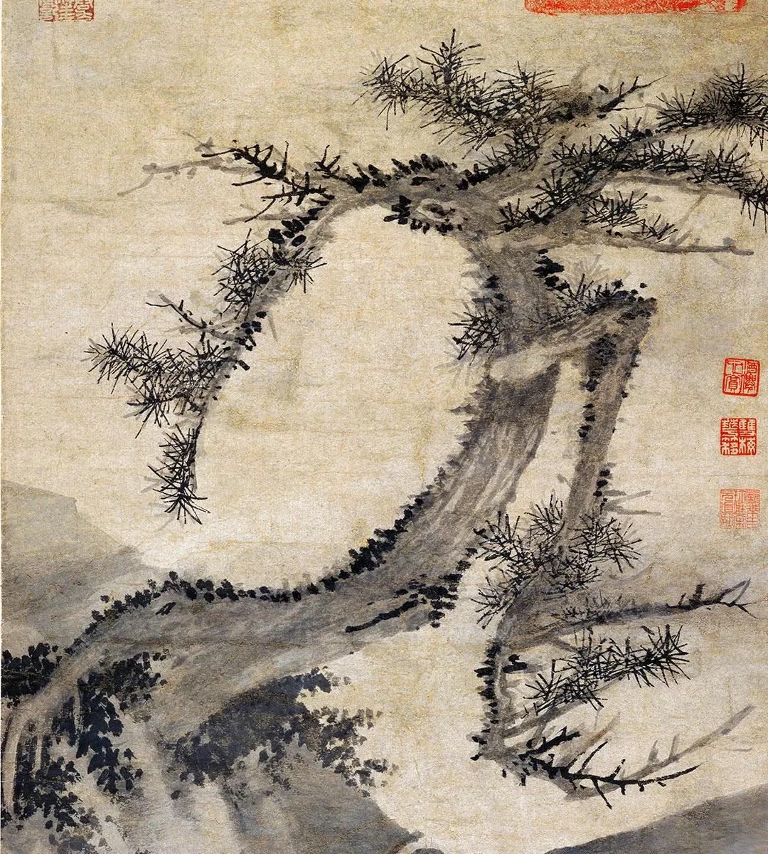 元吴镇水墨画《松泉图》_02