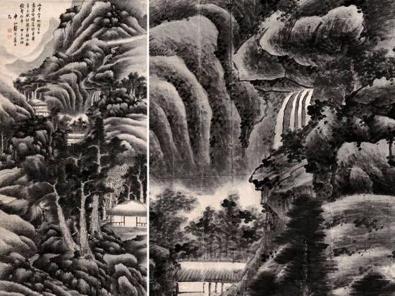 龚贤积墨山水画《松林书屋图》轴