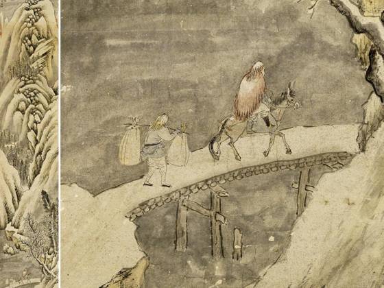 明钱谷山水人物画《雪山行旅图》轴
