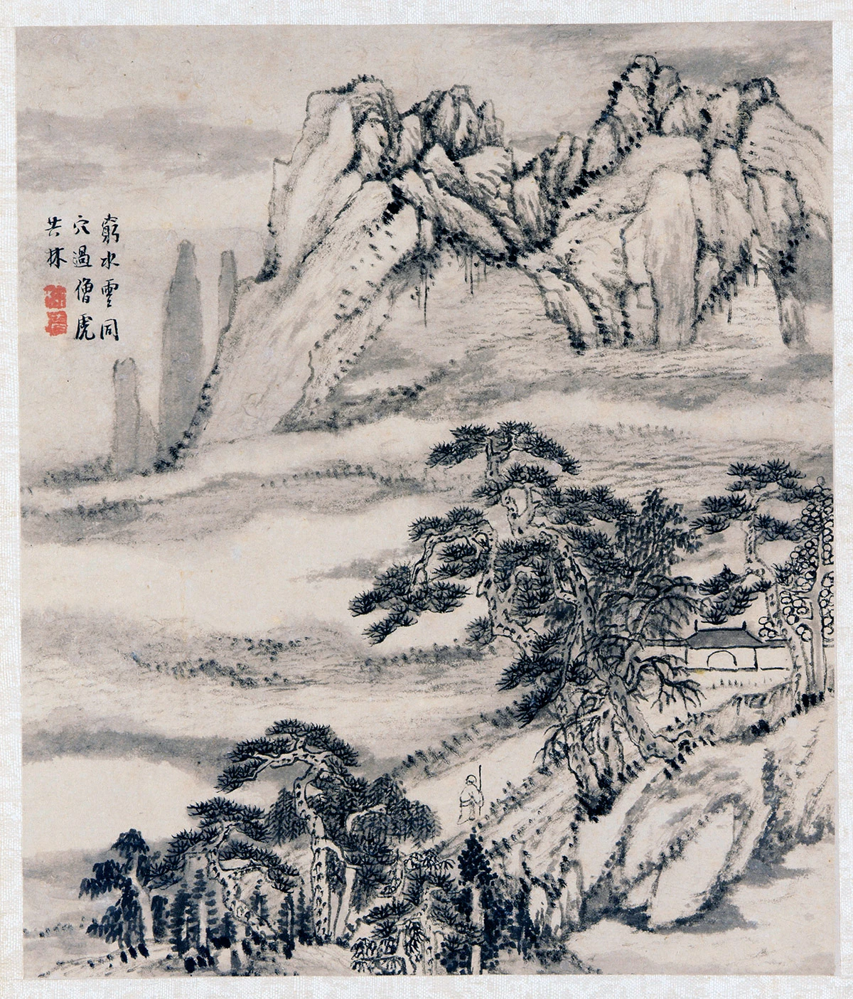 柳堉水墨诗意山水《司空曙送曹三同猗游山寺诗意图》