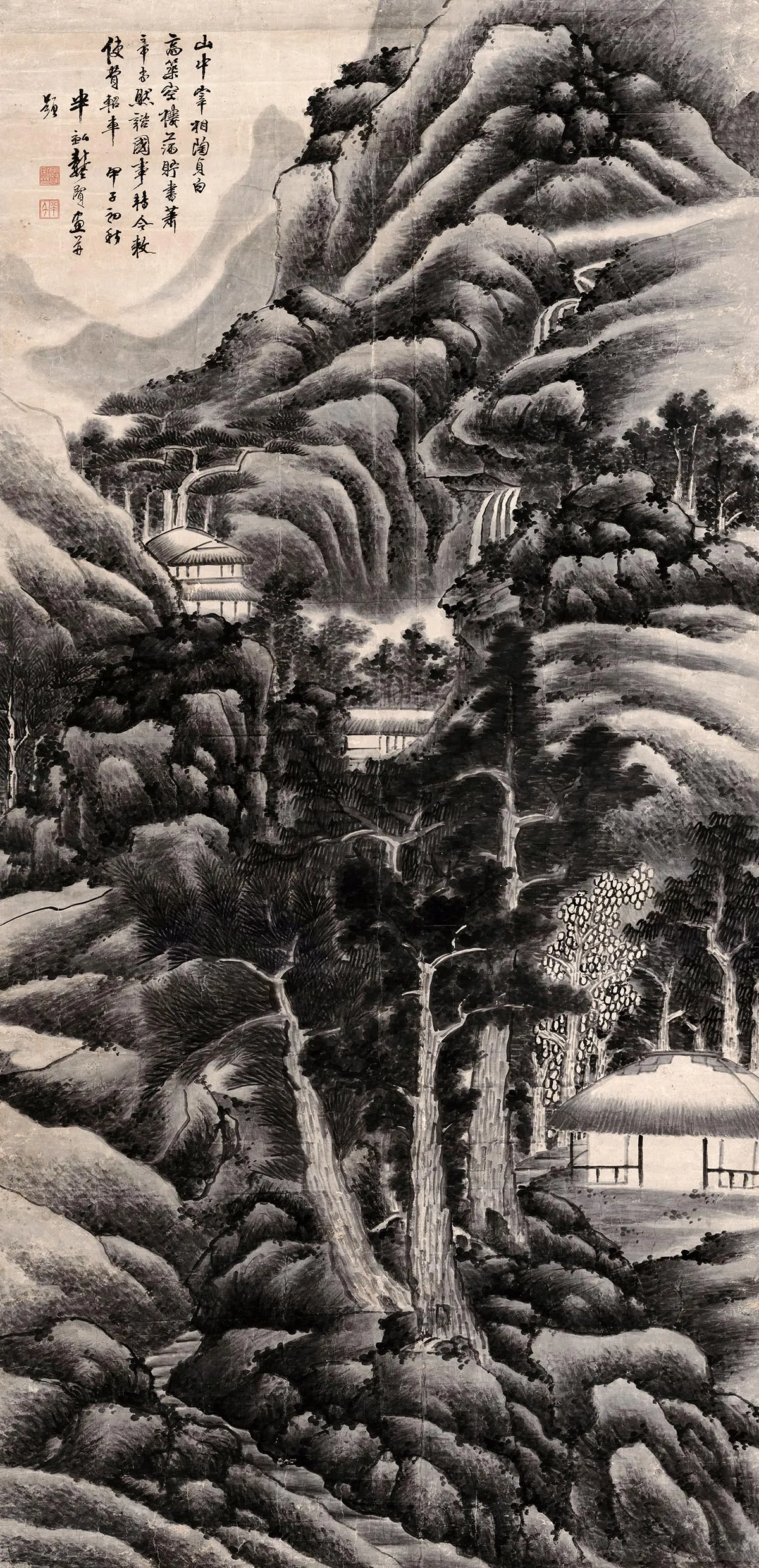 龚贤积墨山水画《松林书屋图》轴