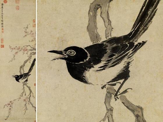 明钱谷花鸟画《画杏花喜鹊图》轴