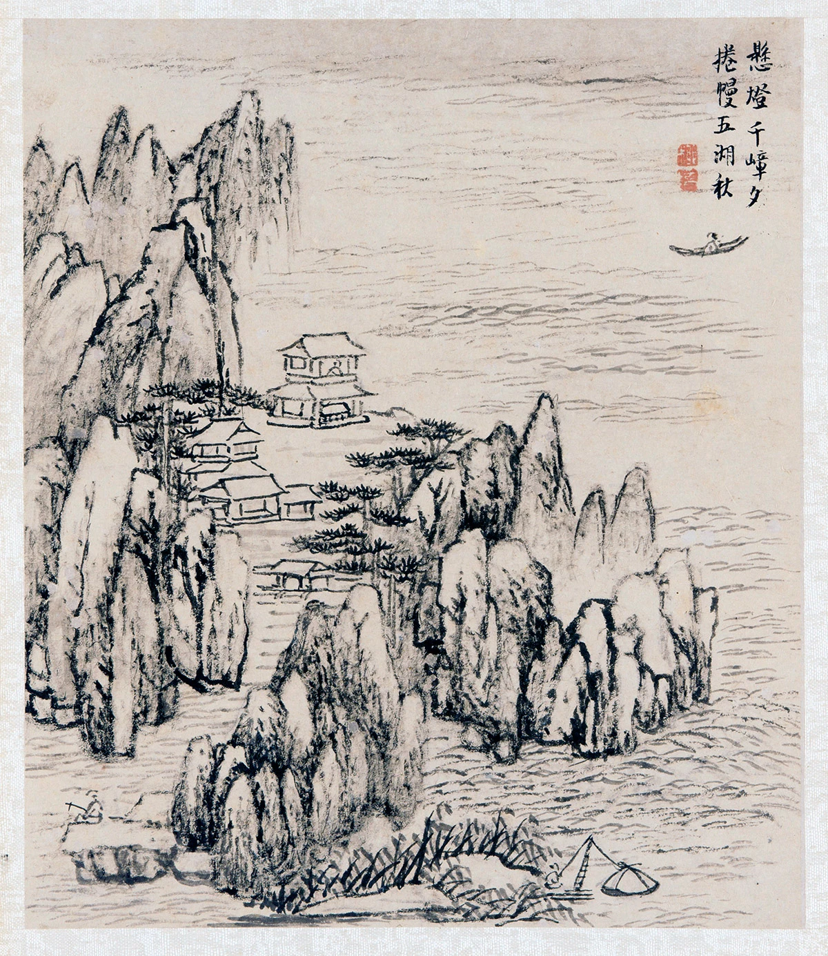 柳堉水墨诗意山水《孙逖宿云门寺阁诗意图》