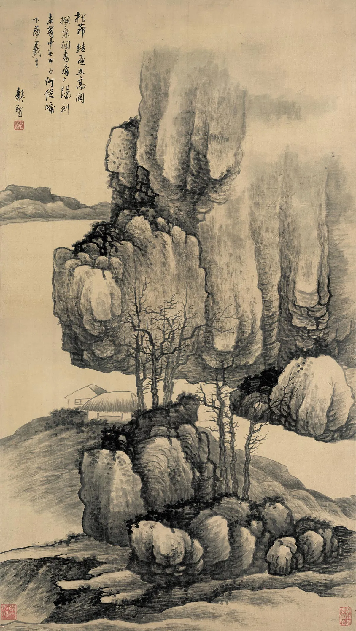 龚贤山水画《高岗茅屋图》轴
