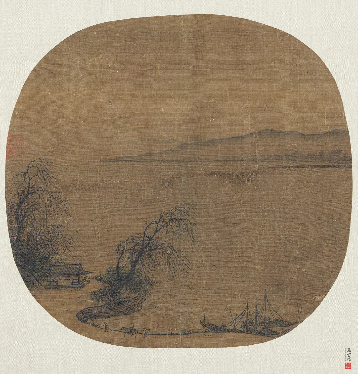 宋赵令穰小景山水《柳亭行旅图》团扇页