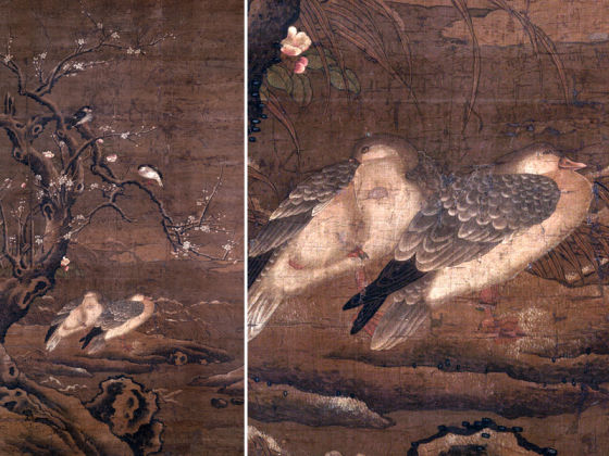 传南宋马麟花鸟画《雪岸鸳鸯图》轴