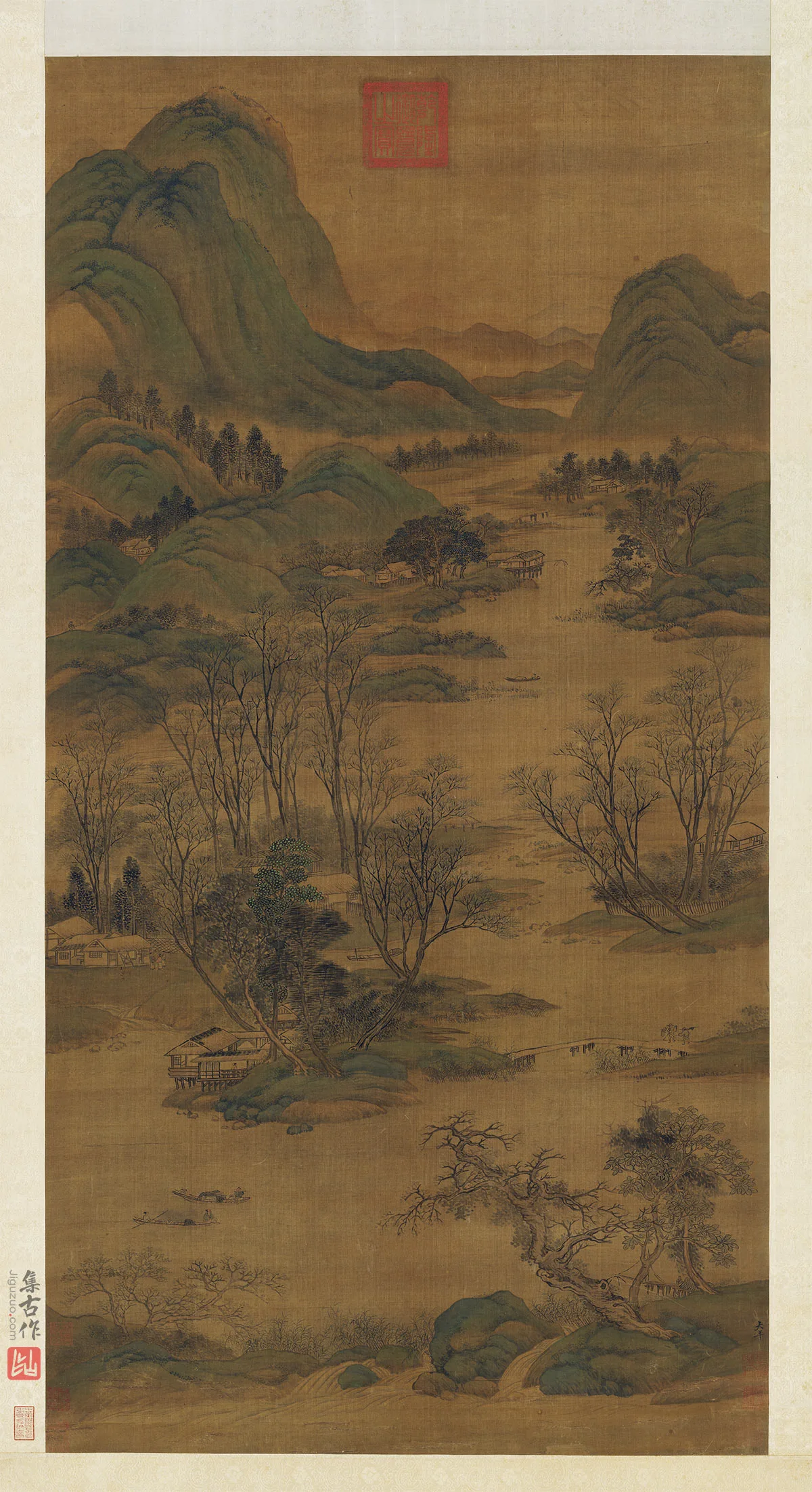 传北宋赵令穰青绿山水《水村图》轴