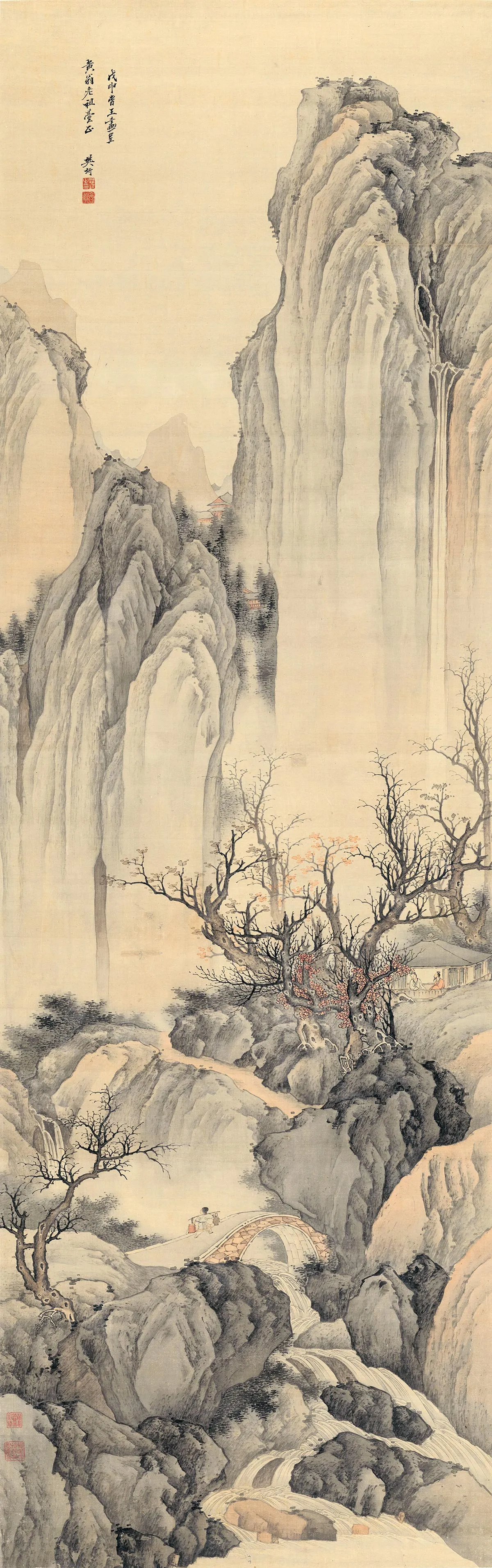 樊圻山水画《秋山听瀑图》轴