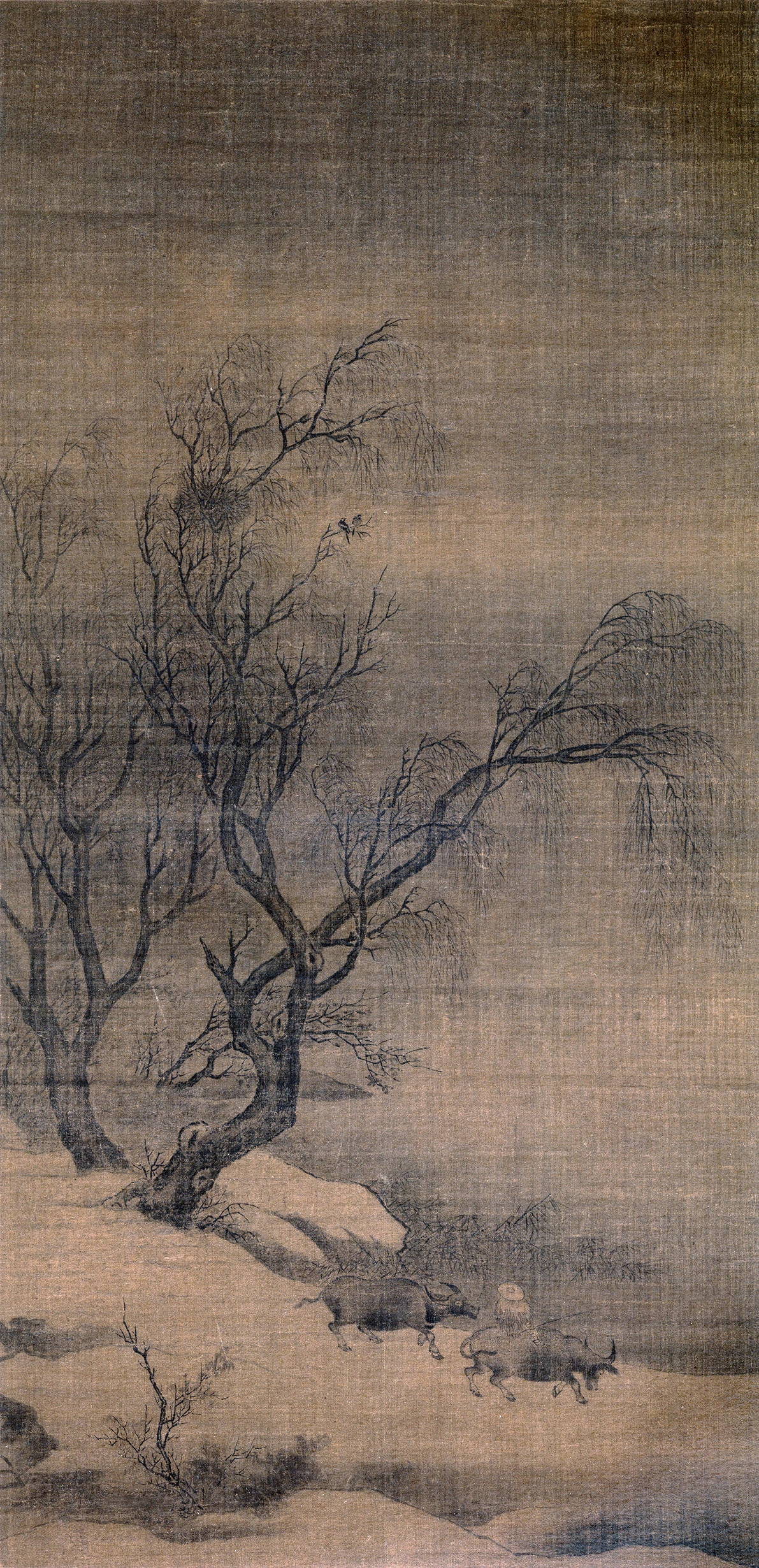 传南宋马麟-《柳堤牧童图》