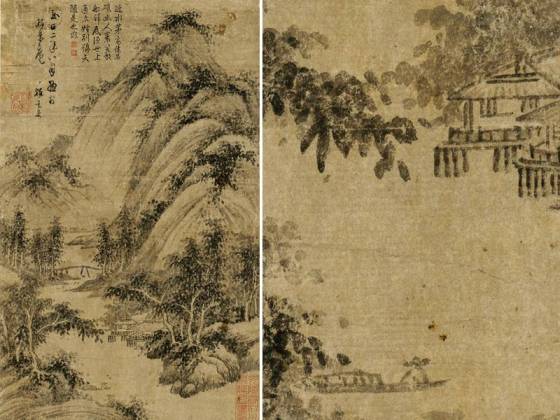 吴镇水墨山水《溪流归艇图》页