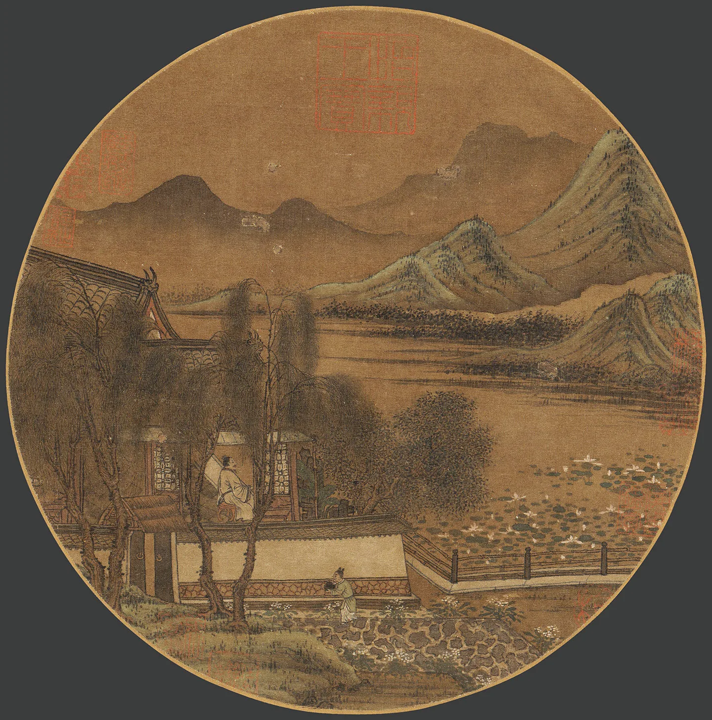 传赵令穰小青绿山水《荷亭纳凉图》