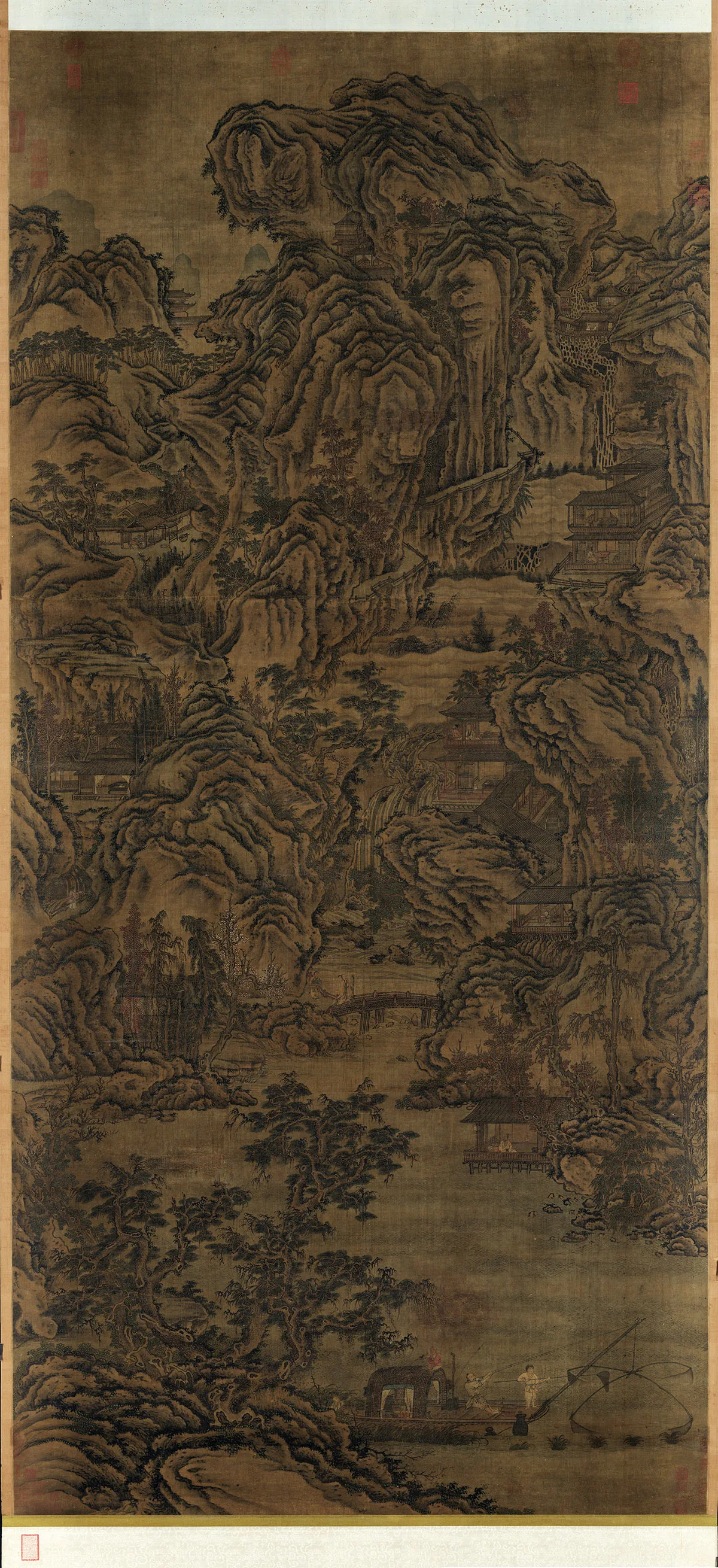 传宋李成山水人物《秋山渔艇图》轴