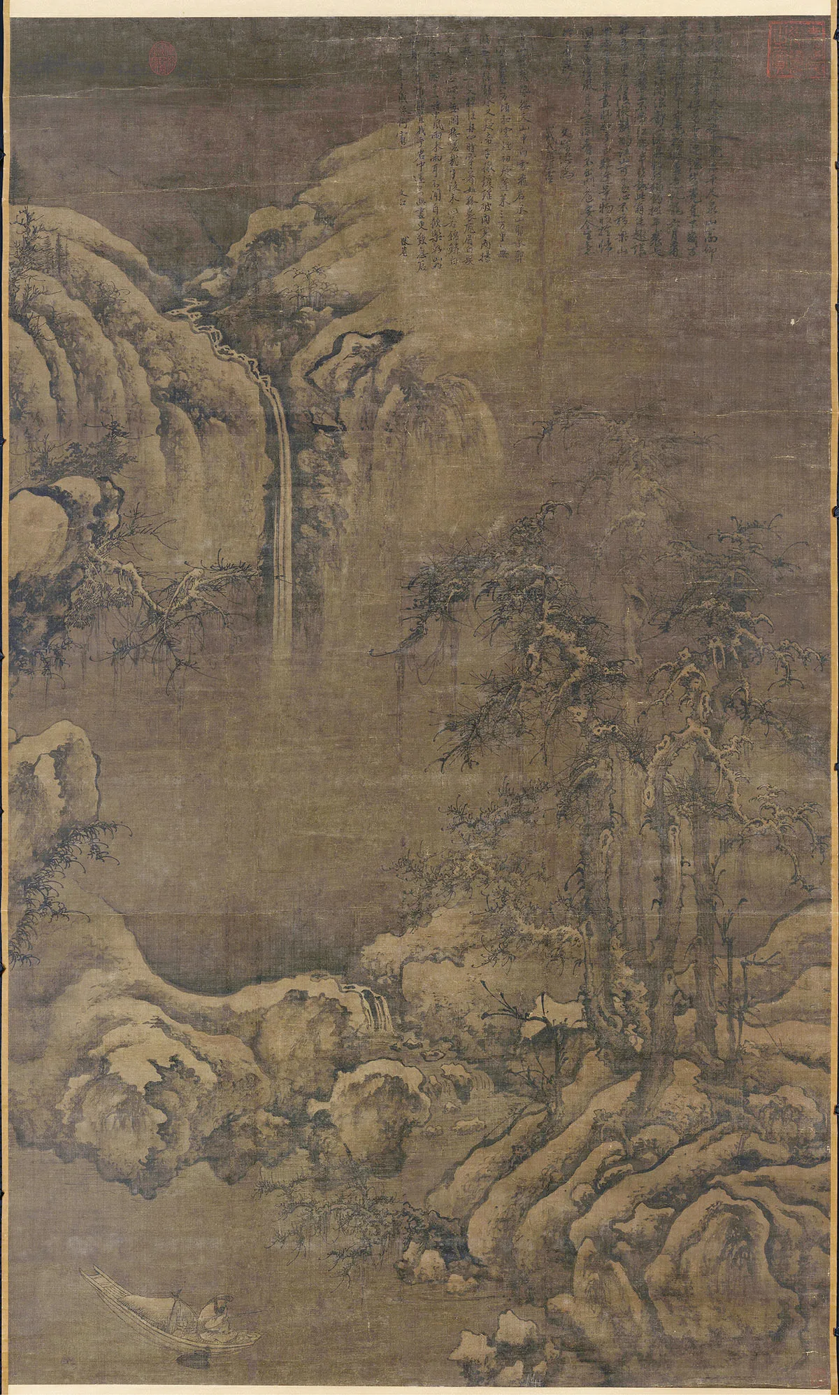 传宋李成冬景山水画《寒江钓艇图》轴