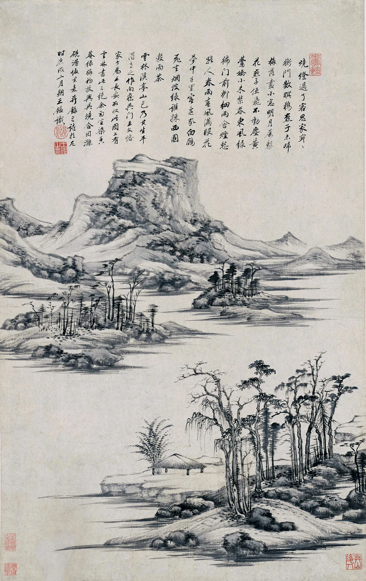 王鉴水墨山水《仿倪云林溪亭山色图》