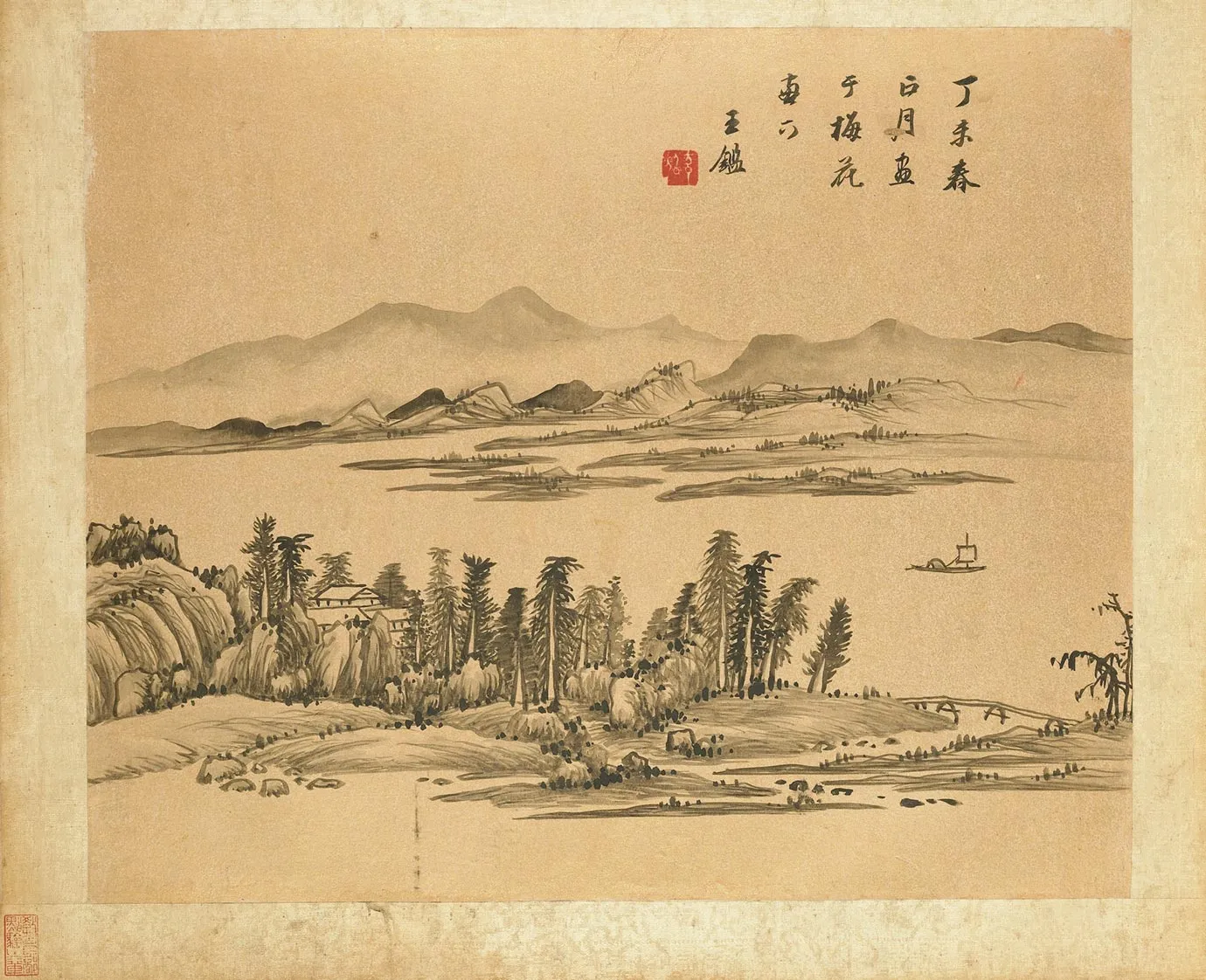 清王鉴山水画《平林轻帆图》页