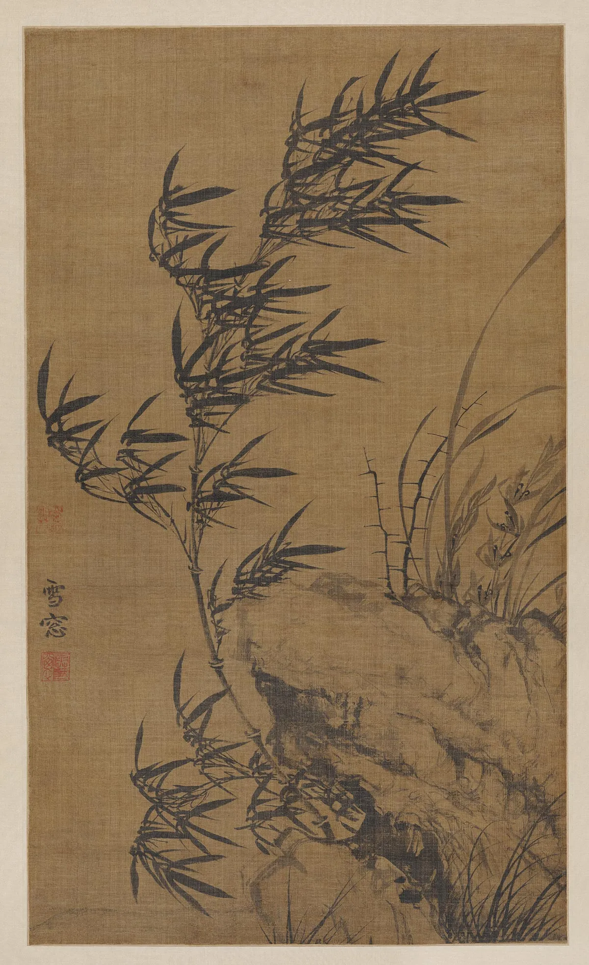 释明雪窗(释普明)水墨画《风竹图》轴